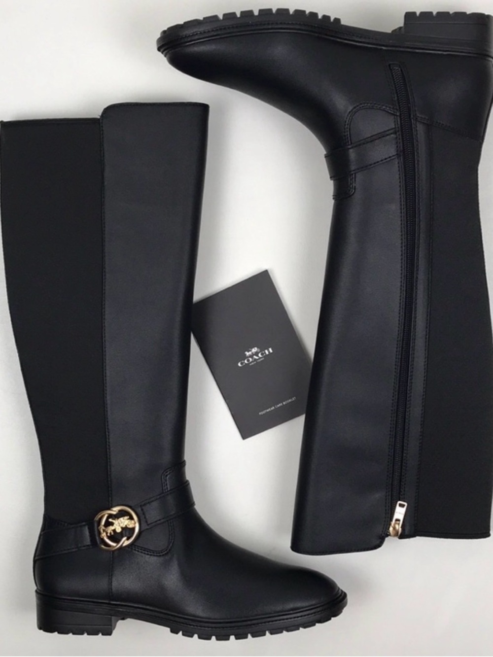 Coach Farrah Black Leather Over the Knee Riding Boots Gold Logo Medallion Size 8